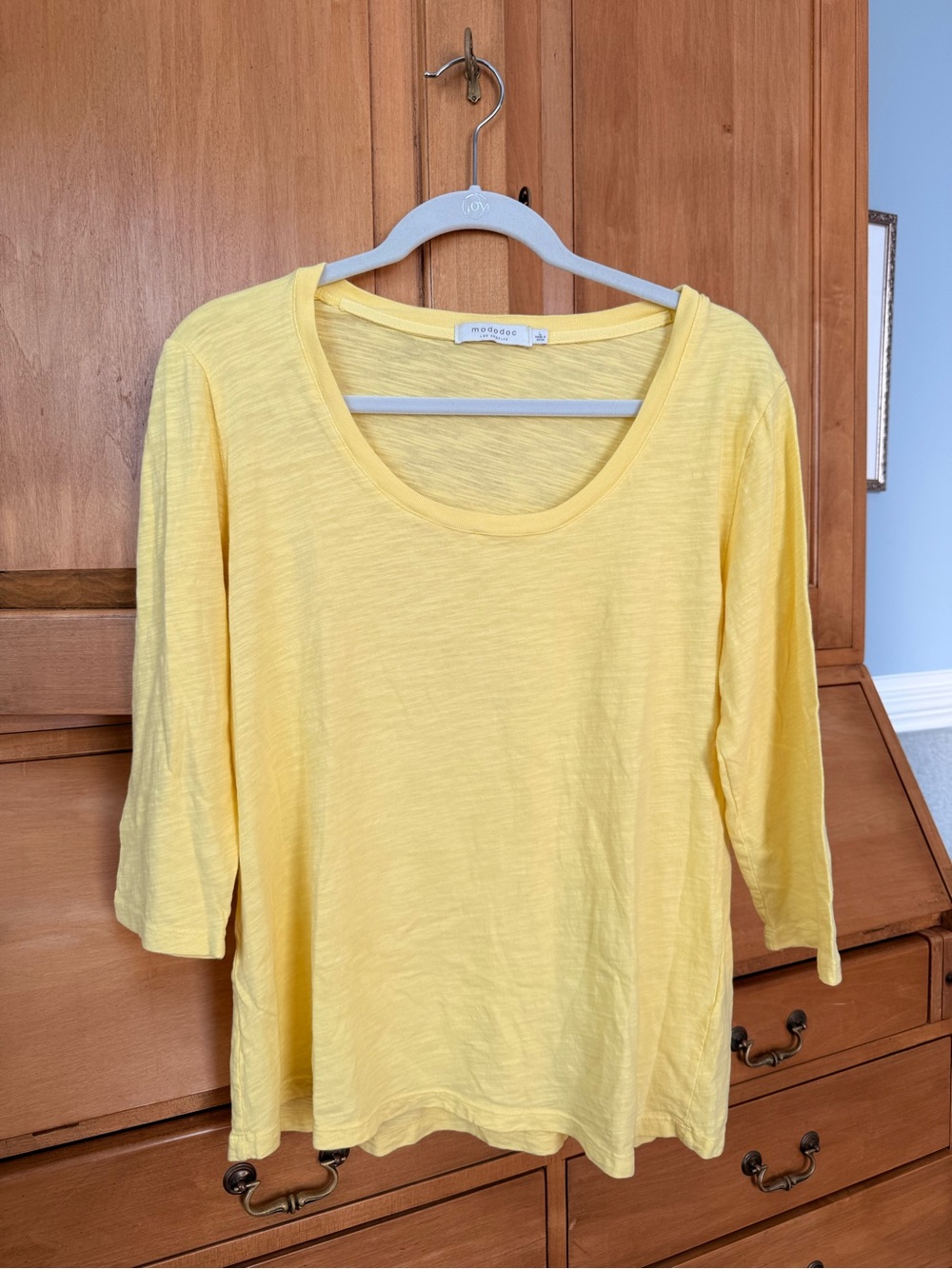 Mododoc Yellow 100% Cotton Slub Knit 3/4 Sleeve Scoop Neck Tee Large